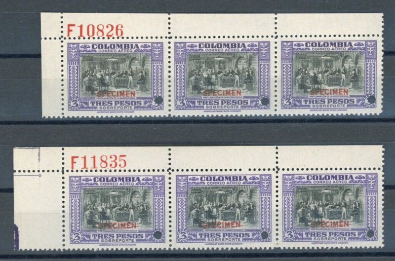 COLOMBIA Air Mail Stamps $3 ABNCo *F10826/11835* SPECIMEN 2 Blocks{3} MNH ZS24