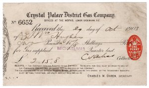 (I.B) Edward VII Revenue : Receipt 1d (Crystal Palace District Gas Company) 