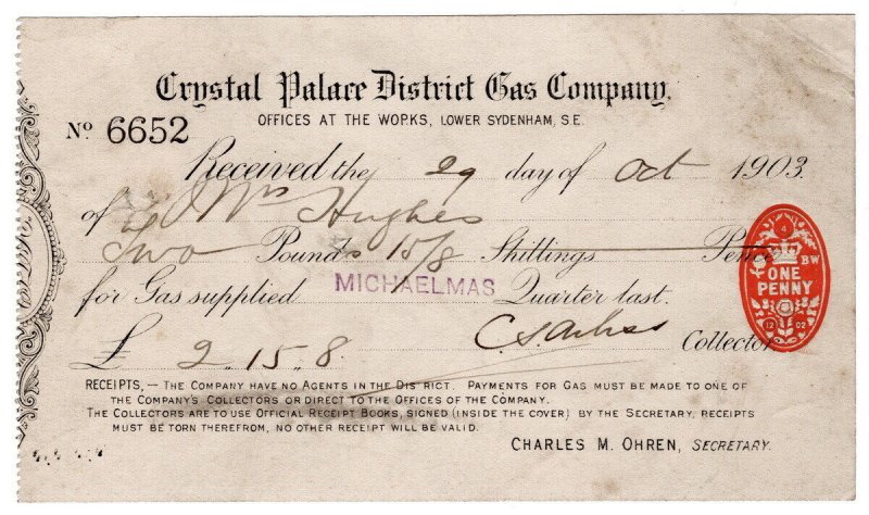 (I.B) Edward VII Revenue : Receipt 1d (Crystal Palace District Gas Company) 