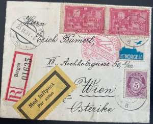 1931 Bergen Norway Airmail Registered Cover To Vienna Austria Sc#C1