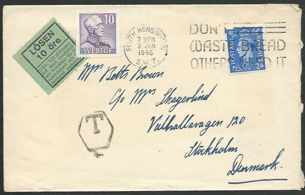 GB TO SWEDEN 1946 postage due cover - large explanatory handstamp..........27457