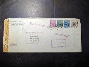 1943 Censored Registered USA Airmail Cover New York NY Returned to Sender