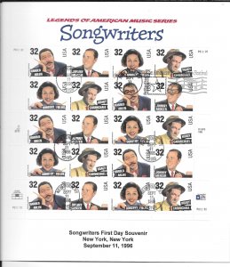 Just Fun Cover #3100-03 FULL SHEET FDC USPS Cachet SONGWRITERS (12990)