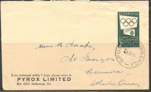 AUSTRALIA Sc#277 1955 2sh Green Melbourne Olympics Cover to Bermuda