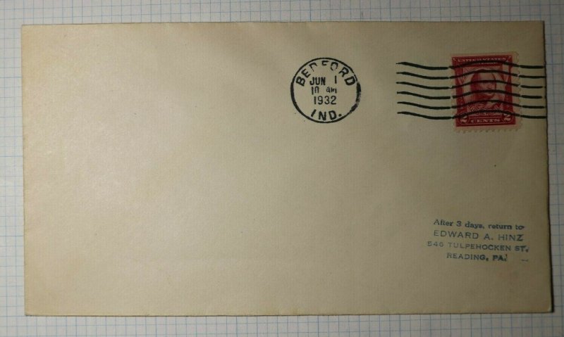 US FDC Sc# 690 Used On Cover Bedford IN 1932 Blank Event Cover NOT FDC 