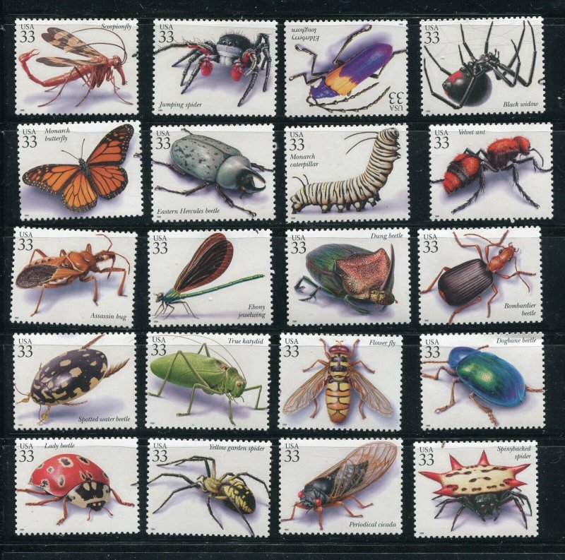 3351 Insects and Spiders 33¢ All 20 Single 33¢ Stamps MNH 