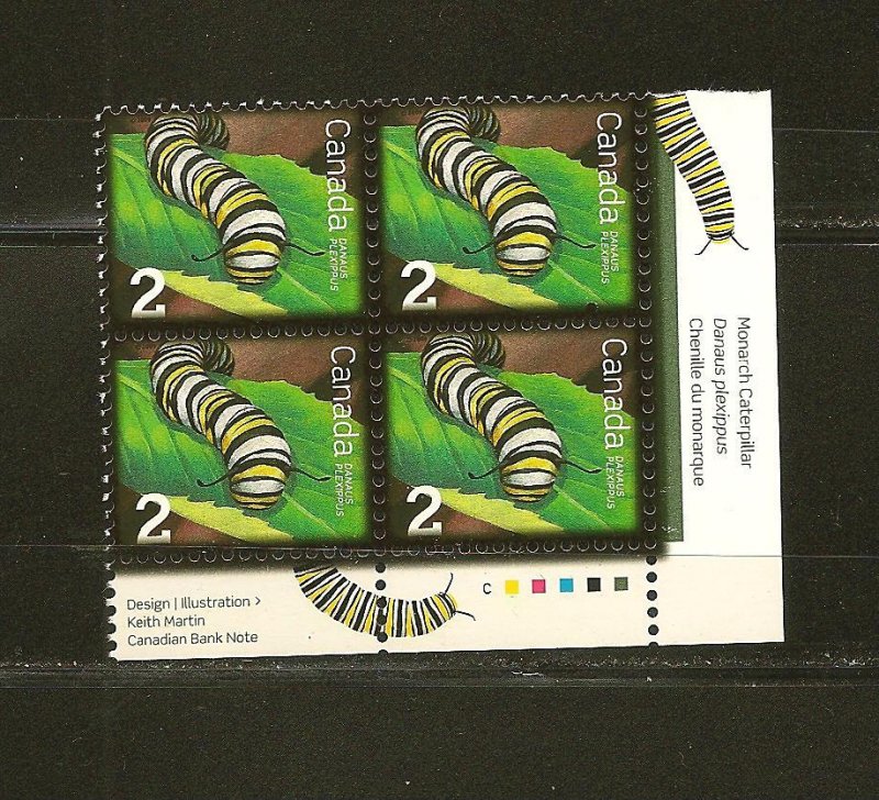 Canada Insects Caterpillar 2 Cent Issue Lower Right Block of 4 MNH