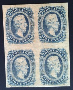 Scott CSA #11b - 10c Dark Blue - Jefferson -  Block of 4 - Unused - Tear 1863-64