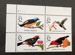 US scott# 3222-3225 tropical birds plate block of 4 stamps MNH