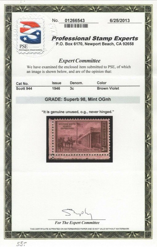 #944 Mint Superb 98 O.G. N.H., SMQ $55 with P.S.E. Cert (GP2 7/23/19)