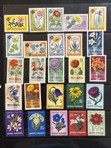 Romania 25 Flower Stamps in 3 Complete Sets MNH Sc# 1459-67, 1623-30, and 2152-9