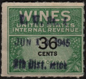 RE135 36¢ Wine Revenue Stamp (1942) Used