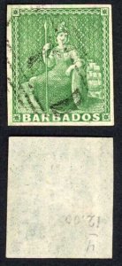 Barbados SG7 1/2d yellow green white paper 4 margins Cat 110 pounds