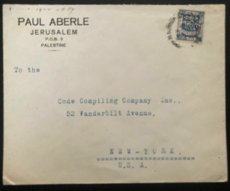 1925 Jerusalem Palestine Paul Aberle Commercial Cover To New York USA