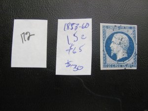 FRANCE USED 1853-60 SC 15c GREAT MARGINS $65  XF (172)