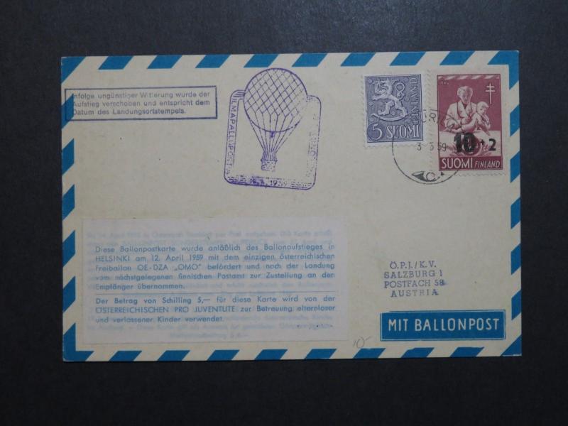 Finland 1959 Austiran Balloon Flight Card - Z8798