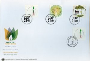 UNITED NATIONS 2015 CLIMATE CONTROL COMPLETE SET SINGLES ON  OVER-SIZED FDC