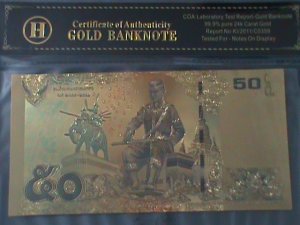 ​THAILAND-2010-24 KARAT GOLD REPLICA $50-BAHT BANK NOTE-WITH CERIFICATE VF