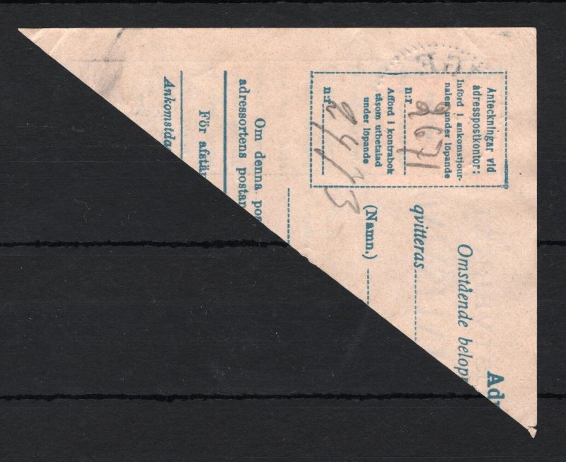 SWEDEN Money Order Receipt *SKENINGE* 1899 CDS Piece 30o Stamp Used SS826