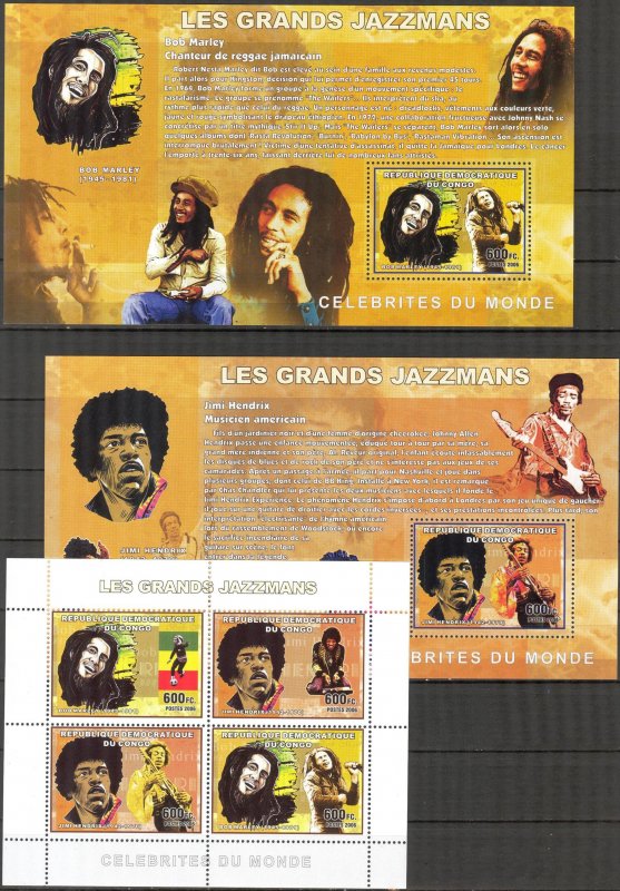 Congo 2006 Music Jazz Famous Musicians sheet + 2 S/S MNH