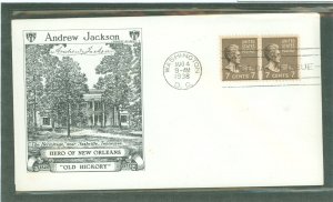 US 812 1938 7c Andrew Jackson (presidential/prexy series) pair on an unaddressed first day cover with a Historic arts cachet.