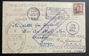 1938 Wellington New Zealand Tin Can Canoe Mail cover To Niuafoou Tonga Toga