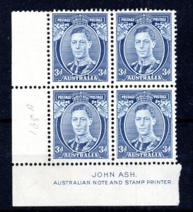 Australia 1938 3d Die II SG 168c MNH Ash imprint block of 4