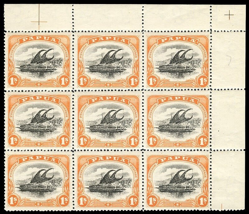 Papua 1910 Lakatoi 1s black & orange Wmk Sideways block of nine mint. SG 71.