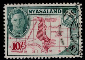 NYASALAND PROTECTORATE GVI SG156, 10s claret & emerald, FINE USED. Cat £22.