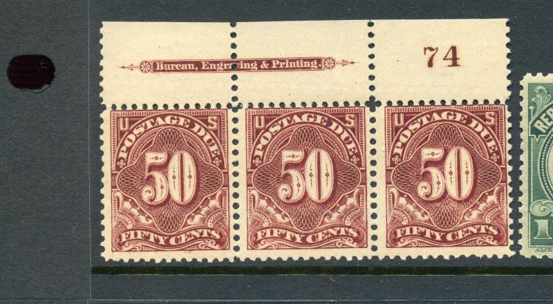 J44 Postage Due Mint Plate # Strip of 3 Stamps NH (by 480)  