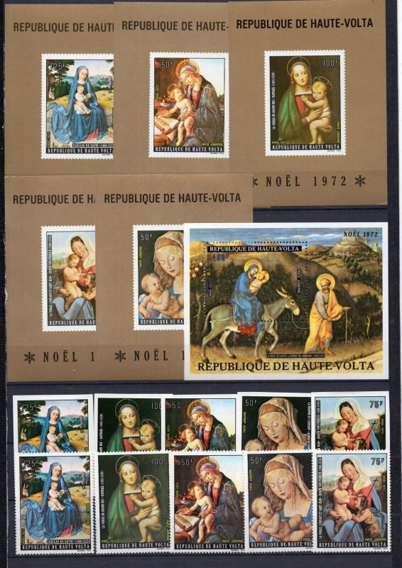UPPER VOLTA 1972 CHRISTMAS PAINTINGS 2 SETS OF 5 STAMPS, DELUXE S/S & S/S MNH 