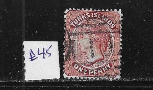 TURKS & CAICOS IS. SCOTT #45 1882-95 1p (CARMINE LAKE) WMK 2 - USED