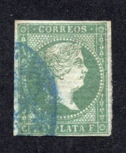 Cuba 1855 1r p pray green on bluish Isabella II, Scott 2 used, value = $6.50
