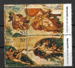 1975 India 663a,665a Michelangelo Buonarroti Art Se-tenant of 4 MNH