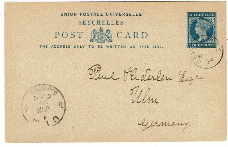 Seychelles 1894 6c postal card used to Germany