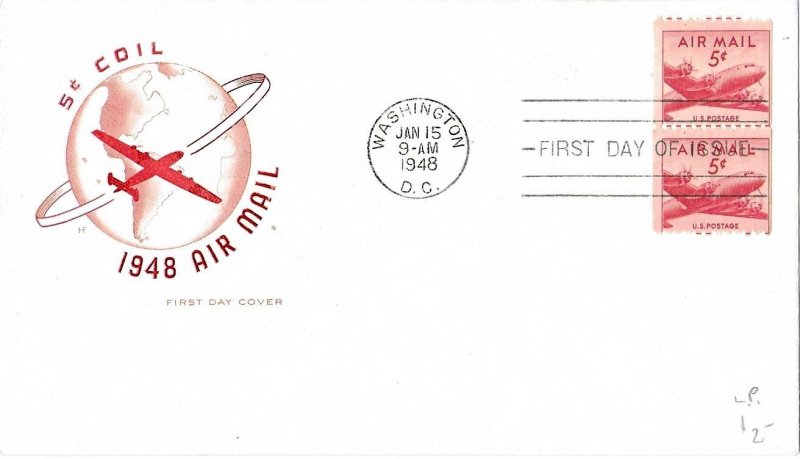 1948 Air Mail FDC, #C37, 5c DC-4, House of Farnam, vertical pair