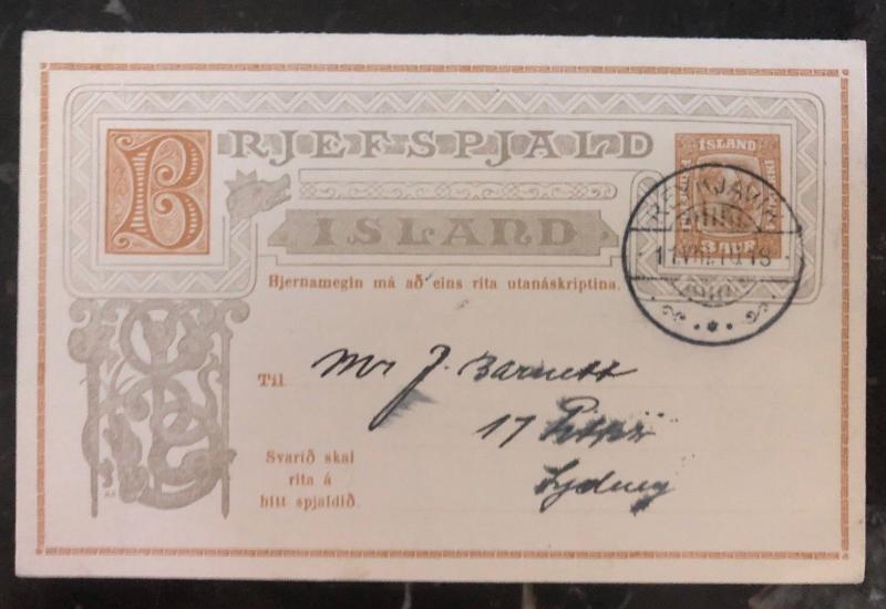 1910 Reykjavik Iceland Postal Stationary Reply Postcard Cover to USA H&G 38