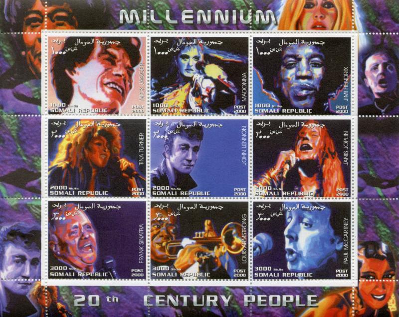 Somalia 2000 MNH Madonna Jimi Hendrix John Lennon Sinatra Beatles 9v M/S Stamps 