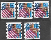 US #2915A Coil Numbers used on paper. Flag over Porch. 5 different coil numbers.