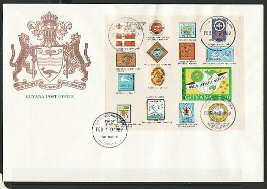 Guyana, Scott cat. 2012a. World Scout Jamboree s/sheet. First day cover.