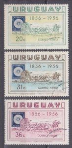 1956 Uruguay 798-800 used 100 years of the first stamps of Uruguay 1,50 €