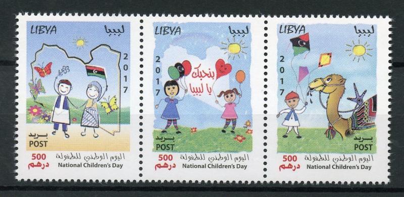 Libya 2017 MNH National Children's Day Drawings 3v Strip Camels Flags Stamps