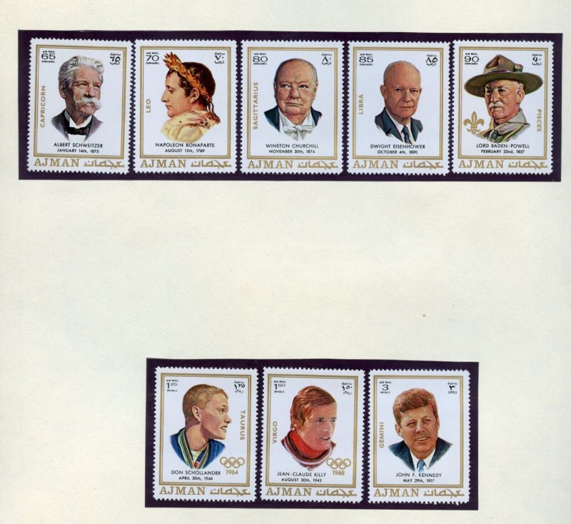 AJMAN 1971 JOHN F. KENNEDY SCHWEITZER CHURCHILL BADEN POWELL SET ETC MINT NH