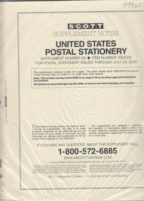 Scott U.S. Postal Stationery Supplement #59 Issues Through July 2009