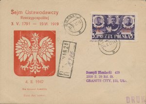 Registered FDC - Scott B53 - February 24, 1947 - Poznan Poland to Illinois