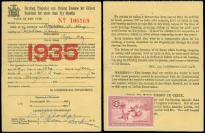 1935, US SC #RW2 STAMP on DUCK HUNTING LICENSE! Resident, State of New York!