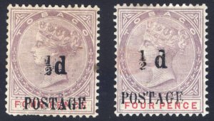 Tobago 1896 1/2d on 4d Lilac&Rose WIDE SPACE Scott31&31a SG33&33a MLH Cat $260