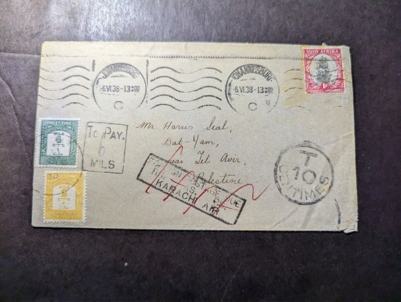 1938 British South Africa Postage Due Airmail Cover to Tel Aviv Palestine
