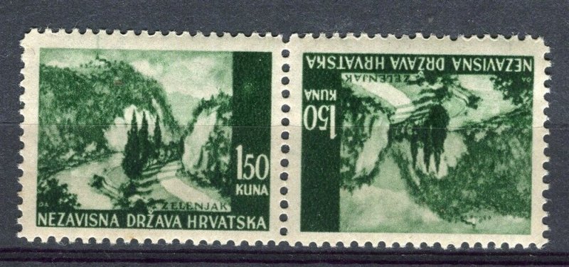 CROATIA; 1940s early WWII pictorial issue Mint MNH TETE-BECHE PAIR, 1.50k