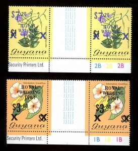 1981 Guyana Scott #334-35 Gutter Pairs Mint NH Surcharged Flowers